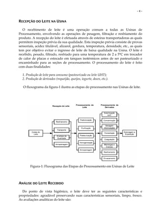 -4-


RECEPÇÃO DO LEITE NA USINA

   O recebimento de leite é uma operação comum a todas as Usinas de
Processamento, envolvendo as operações de pesagem, filtração e resfriamento do
produto. A recepção do leite é efetuada através de esteiras transportadoras as quais
permitem inspeção prévia da sua qualidade. Esta inspeção prévia consiste de provas
sensoriais, acidez titulável, alizarol, gordura, temperatura, densidade, etc., as quais
tem por objetivo evitar o ingresso de leite de baixa qualidade na Usina. O leite é
recebido, pesado, filtrado, resfriado para uma temperatura de 2 a 5°C em trocador
de calor de placas e estocado em tanques isotérmicos antes de ser pasteurizado e
encaminhado para as seções de processamento. O processamento do leite é feito
com duas finalidades:

  1. Produção de leite para consumo (pasteurizado ou leite UHT);
  2. Produção de derivados (requeijão, queijos, iogurte, doces, etc.).

   O fluxograma da figura-1 ilustra as etapas do processamento nas Usinas de leite.




        Figura-1: Fluxograma das Etapas do Processamento em Usinas de Leite




ANÁLISE DO LEITE RECEBIDO

  Do ponto de vista higiênico, o leite deve ter as seguintes características e
propriedades: agradável preservando suas características sensoriais, limpo, fresco.
As avaliações analíticas do leite são:
 