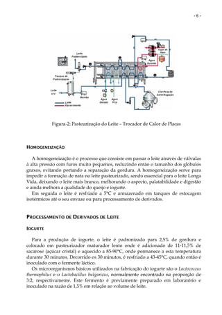 -6-




            Figura-2: Pasteurização do Leite – Trocador de Calor de Placas



HOMOGENEIZAÇÃO

   A homogeneização é o processo que consiste em passar o leite através de válvulas
à alta pressão com furos muito pequenos, reduzindo então o tamanho dos glóbulos
graxos, evitando portando a separação da gordura. A homogeneização serve para
impedir a formação de nata no leite pasteurizado, sendo essencial para o leite Longa
Vida, deixando o leite mais branco, melhorando o aspecto, palatabilidade e digestão
e ainda melhora a qualidade do queijo e iogurte.
   Em seguida o leite é resfriado a 5°C e armazenado em tanques de estocagem
isotérmicos até o seu envaze ou para processamento de derivados.


PROCESSAMENTO DE DERIVADOS DE LEITE

IOGURTE

   Para a produção de iogurte, o leite é padronizado para 2,5% de gordura e
colocado em pasteurizador maturador lento onde é adicionado de 11-11,5% de
sacarose (açúcar cristal) e aquecido a 85-90°C, onde permanece a esta temperatura
durante 30 minutos. Decorrido os 30 minutos, é resfriado a 43-45°C, quando então é
inoculado com o fermente láctico.
   Os microorganismos básicos utilizados na fabricação do iogurte são o Lactococcus
thermophilus e o Lactobacillus bulgaricus, normalmente encontrado na proporção de
3:2, respectivamente. Este fermento é previamente preparado em laboratório e
inoculado na razão de 1,5% em relação ao volume de leite.
 