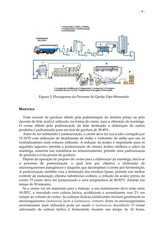 -9-




           TRANSPORTE
             DO LEITE




             Figura-3: Fluxograma do Processo de Queijo Tipo Mussarela


MANTEIGA

   Todo excesso de gordura obtida pela padronização da matéria prima ou pelo
desnate do leite ácido é utilizado, na forma de creme, para a obtenção de manteiga.
O creme obtido pela padronização do leite destinado a elaboração de outros
produtos é padronizado para um teor de gordura de 38-40%.
   Antes de ser submetido à pasteurização, o creme deve ter sua acidez corrigida por
15-16°D com utilização de bicarbonato de sódio e carbonato de sódio que são os
neutralizadores mais comuns utilizado. A redução da acidez é importante para os
seguintes aspectos: permite a pasteurização de cremes ácidos; melhora o sabor da
manteiga, aumenta sua resistência ao armazenamento; permite uma padronização
do produto e evita perdas de gordura.
   Depois da operação de preparo do creme para a elaboração da manteiga, inicia-se
o processo de pasteurização, o qual tem por objetivo a destruição de
microorganismos patogênicos e daqueles que decompõem o creme por fermentação.
A pasteurização também visa a destruição das enzimas lípase, permite um melhor
controle da maturação, elimina substâncias voláteis, a redução da acidez prévia do
creme. O creme deve ser pasteurizado a uma temperatura de 80-82°C durante um
tempo de 30 minutos.
   Se o creme vai ser maturado para a bateção, o seu resfriamento deve estar entre
18-20°C, e inoculado com cultura láctica, acidificante e aromatizante com 2% em
relação ao volume de creme. As culturas lácticas acidificantes incluem geralmente os
microorganismos Lactococcus lactis e Lactococcus cremoris. Entre os microorganismos
aromatizantes mais utilizados pode ser usado o Lactococcus diacetilactis. O creme
adicionado de cultura láctica é fermentado durante um tempo de 16 horas,
 