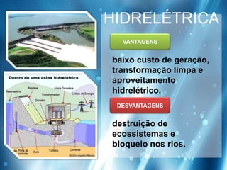 HIDRELÉTRICA
  VANTAGENS


baixo custo de geração,
transformação limpa e
aproveitamento
hidrelétrico.
 DESVANTAGENS


destruição de
ecossistemas e
bloqueio nos rios.
 
