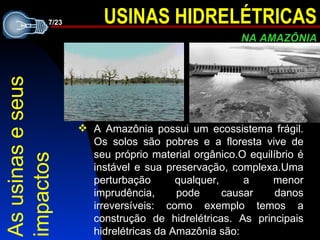 As usinas e seus impactos A Amazônia possui um ecossistema frágil. Os solos são pobres e a floresta vive de seu próprio material orgânico.O equilíbrio é instável e sua preservação, complexa.Uma perturbação qualquer, a menor imprudência, pode causar danos irreversíveis: co mo exemplo temos a construção de hidrelétricas. As principais hidrelétricas da Amazônia são: 