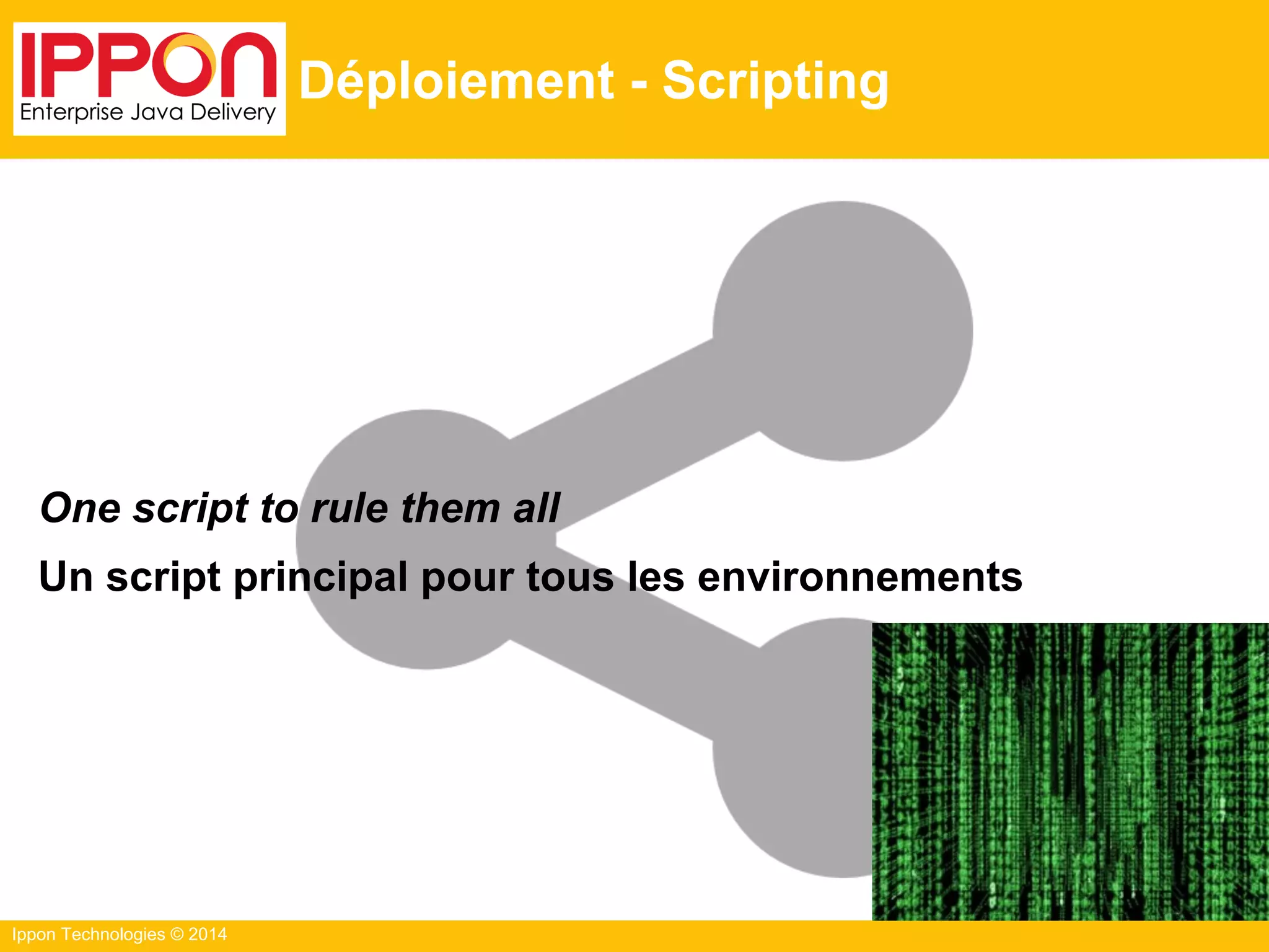 Ippon Technologies © 2014
Déploiement - Scripting
One script to rule them all
Un script principal pour tous les environnements
 