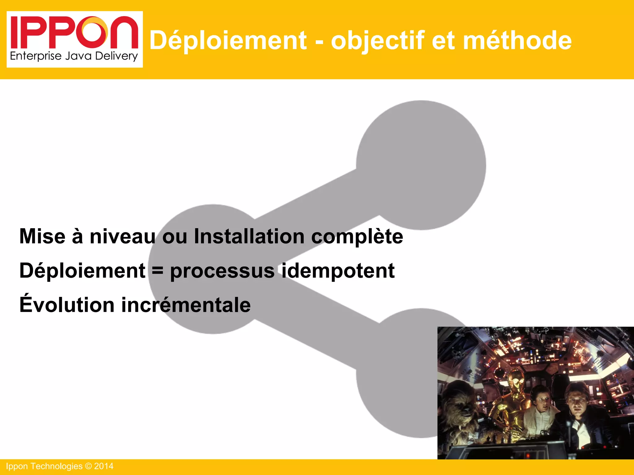 Ippon Technologies © 2014
Déploiement - objectif et méthode
Mise à niveau ou Installation complète
Déploiement = processus idempotent
Évolution incrémentale
 