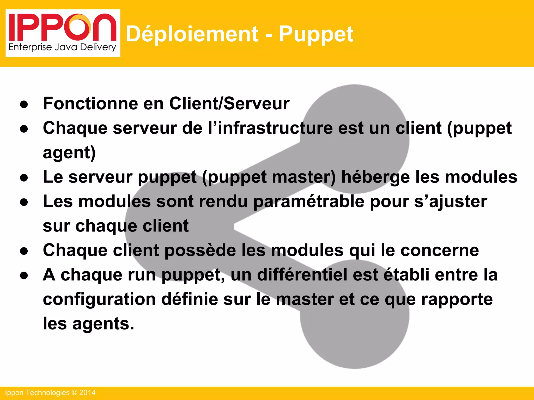 Ippon Technologies © 2014
Déploiement - Puppet
● Fonctionne en Client/Serveur
● Chaque serveur de l’infrastructure est un client (puppet
agent)
● Le serveur puppet (puppet master) héberge les modules
● Les modules sont rendu paramétrable pour s’ajuster
sur chaque client
● Chaque client possède les modules qui le concerne
● A chaque run puppet, un différentiel est établi entre la
configuration définie sur le master et ce que rapporte
les agents.
 