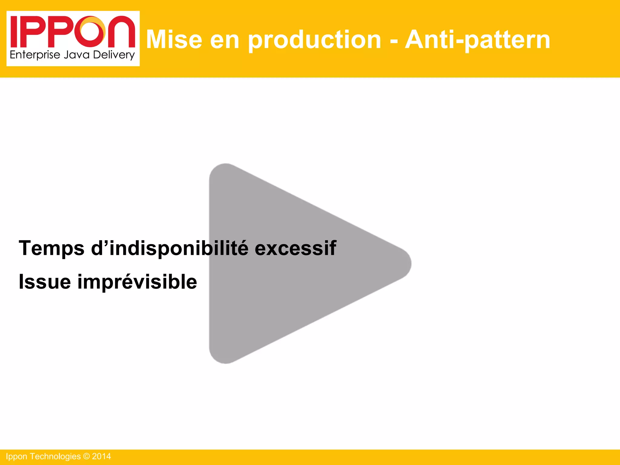 Ippon Technologies © 2014
Mise en production - Anti-pattern
Temps d’indisponibilité excessif
Issue imprévisible
 
