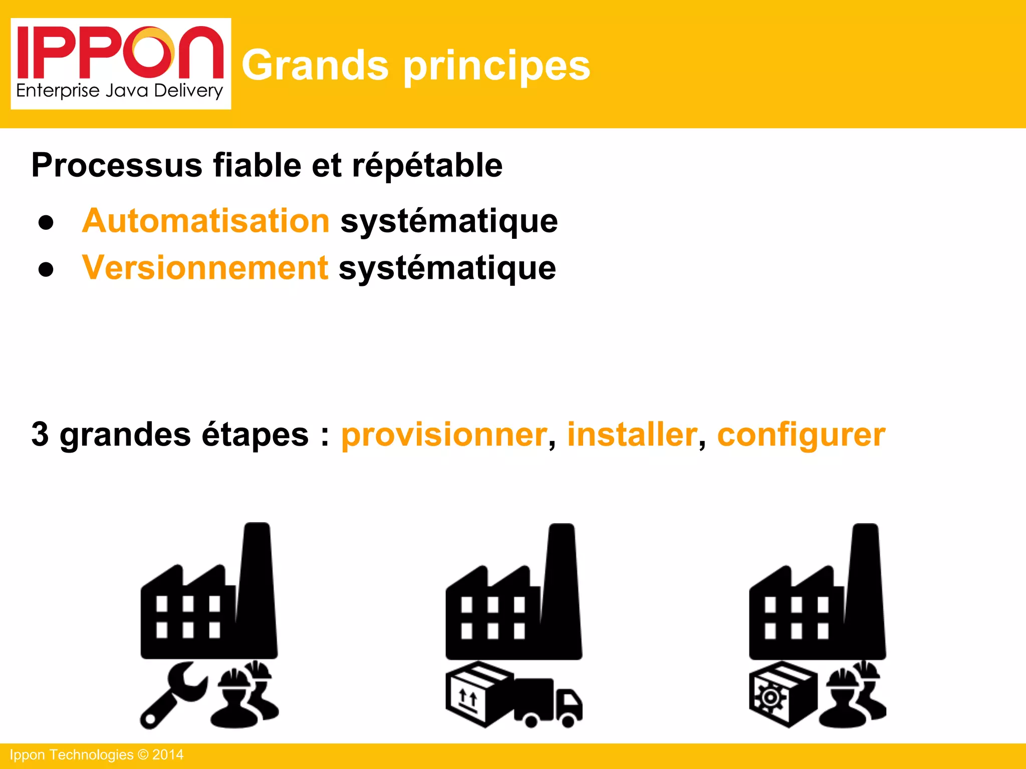 Ippon Technologies © 2014
Grands principes
Processus fiable et répétable
● Automatisation systématique
● Versionnement systématique
3 grandes étapes : provisionner, installer, configurer
 