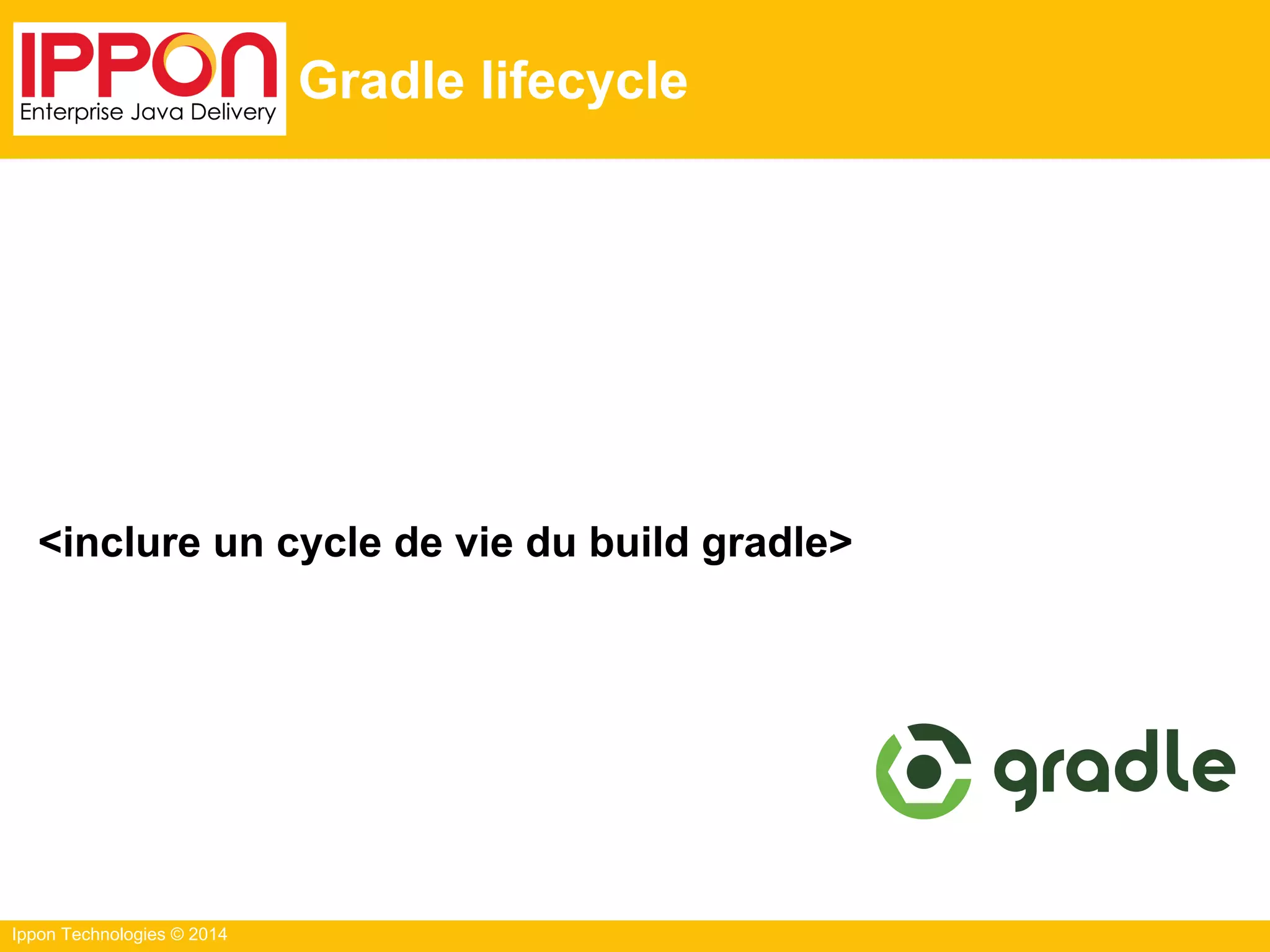 Ippon Technologies © 2014
Gradle lifecycle
<inclure un cycle de vie du build gradle>
 