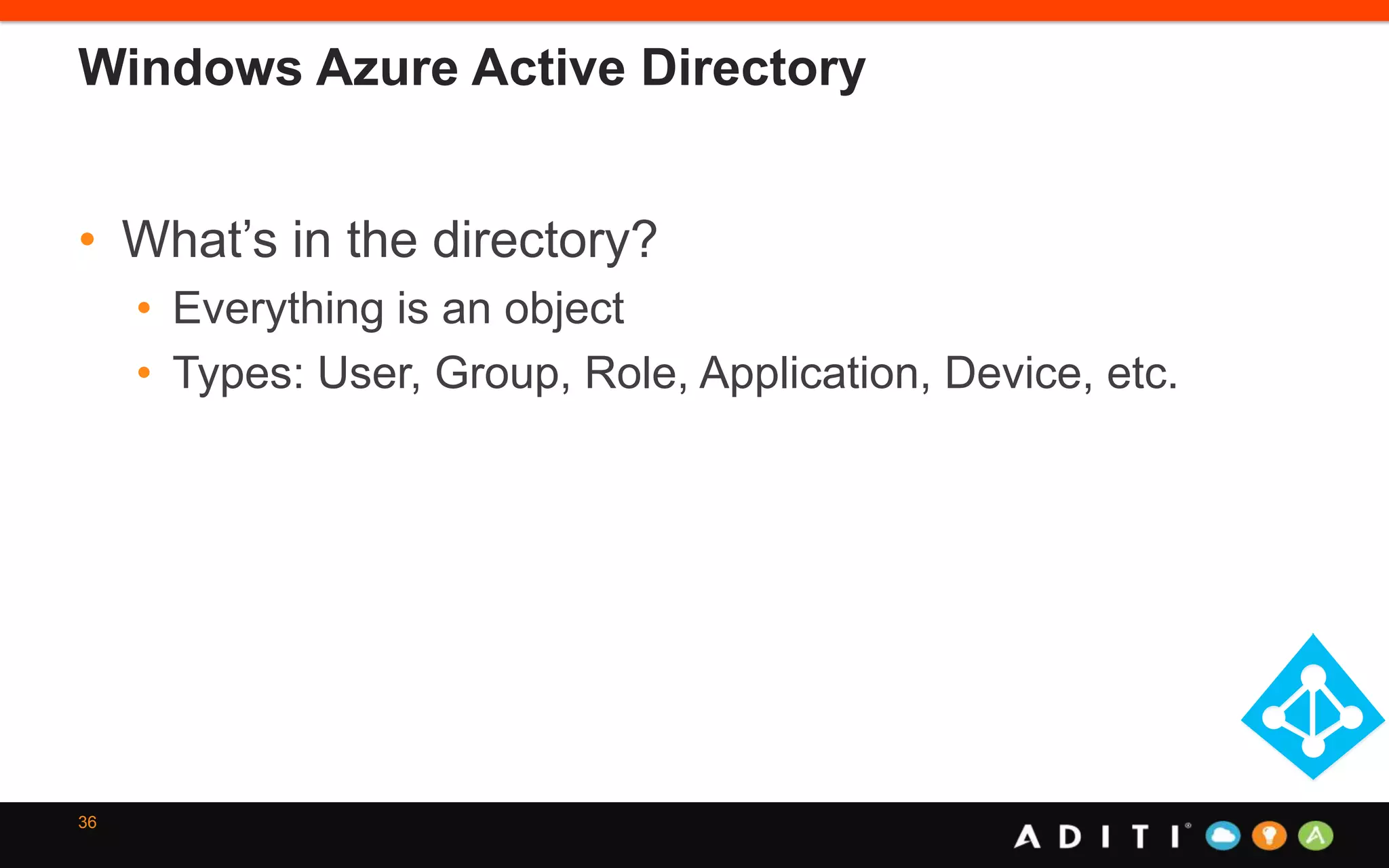 Windows Azure Active Directory
• What’s in the directory?
• Everything is an object
• Types: User, Group, Role, Application, Device, etc.
36
 