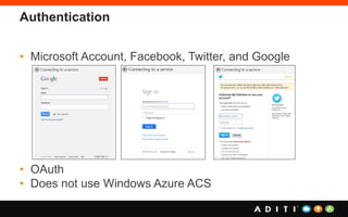 Authentication
• Microsoft Account, Facebook, Twitter, and Google
• OAuth
• Does not use Windows Azure ACS
 