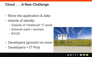Cloud . . . A New Challenge
• Move the application & data
• Islands of identity
• Outside of “traditional” IT world
• External users / partners
• BYOD
• Developers ignorant no more
• Developers + IT Pros
9
 