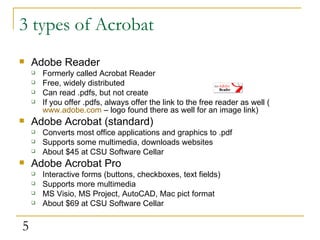 3 types of Acrobat Adobe Reader Formerly called Acrobat Reader Free, widely distributed Can read .pdfs, but not create If you offer .pdfs, always offer the link to the free reader as well ( www.adobe.com  – logo found there as well for an image link)  Adobe Acrobat (standard) Converts most office applications and graphics to .pdf Supports some multimedia, downloads websites About $45 at CSU Software Cellar Adobe Acrobat Pro Interactive forms (buttons, checkboxes, text fields) Supports more multimedia  MS Visio, MS Project, AutoCAD, Mac pict format  About $69 at CSU Software Cellar 