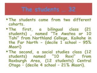 The students … 32 The students came from two different cohorts. The first, a bilingual class (21 students) , named “Te Awatea or 10 Tahi” from Northland College, Kaikohe in the Far North - (decile 1 school – 95% Maori)  The second, a social studies class (12 students) named “10 Roxi” from Roxburgh Area, (12 students) Central Otago – (decile 4 school – 21% Maori).  