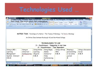 Technologies Used … Students and teachers were introduced to a wide range of technologies throughout the course.  Through their blogs, they wrote about their experiences …. 