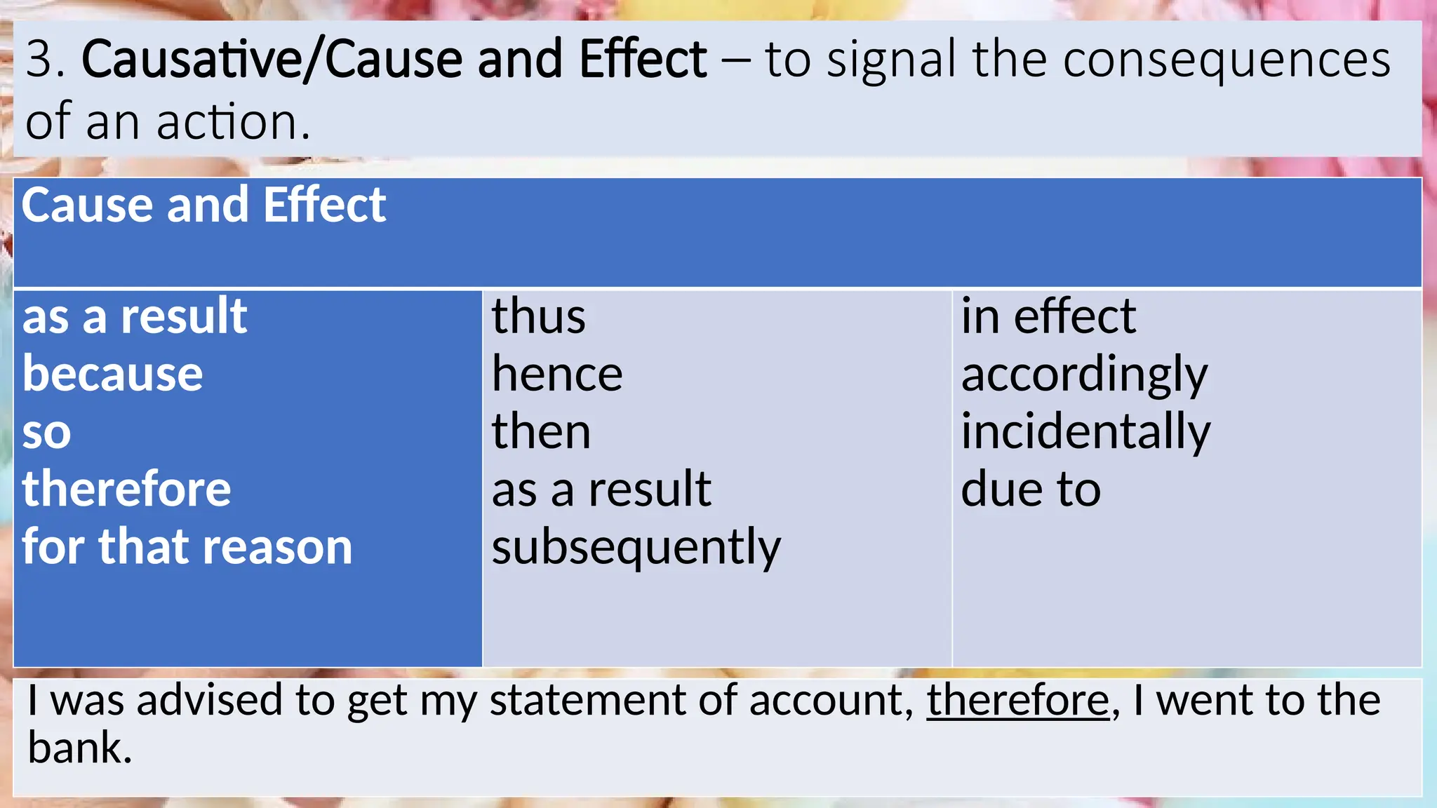 3. Causative/Cause and Effect – to signal the consequences
of an action.
Cause and Effect
as a result
because
so
therefore
for that reason
thus
hence
then
as a result
subsequently
in effect
accordingly
incidentally
due to
I was advised to get my statement of account, therefore, I went to the
bank.
 