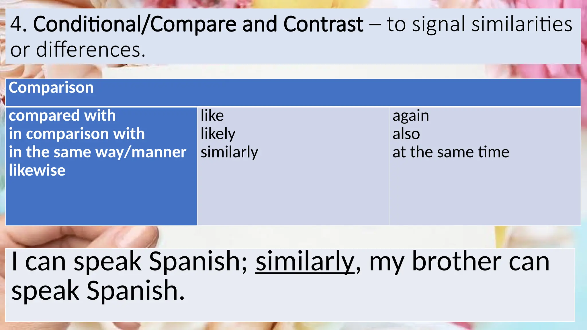 4. Conditional/Compare and Contrast – to signal similarities
or differences.
Comparison
compared with
in comparison with
in the same way/manner
likewise
like
likely
similarly
again
also
at the same time
I can speak Spanish; similarly, my brother can
speak Spanish.
 