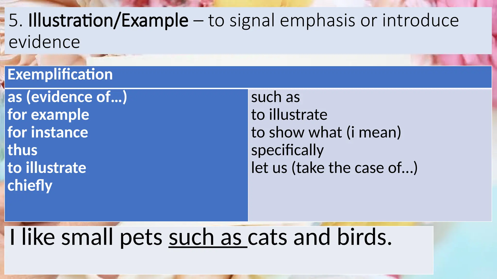 5. Illustration/Example – to signal emphasis or introduce
evidence
Exemplification
as (evidence of…)
for example
for instance
thus
to illustrate
chiefly
such as
to illustrate
to show what (i mean)
specifically
let us (take the case of…)
I like small pets such as cats and birds.
 