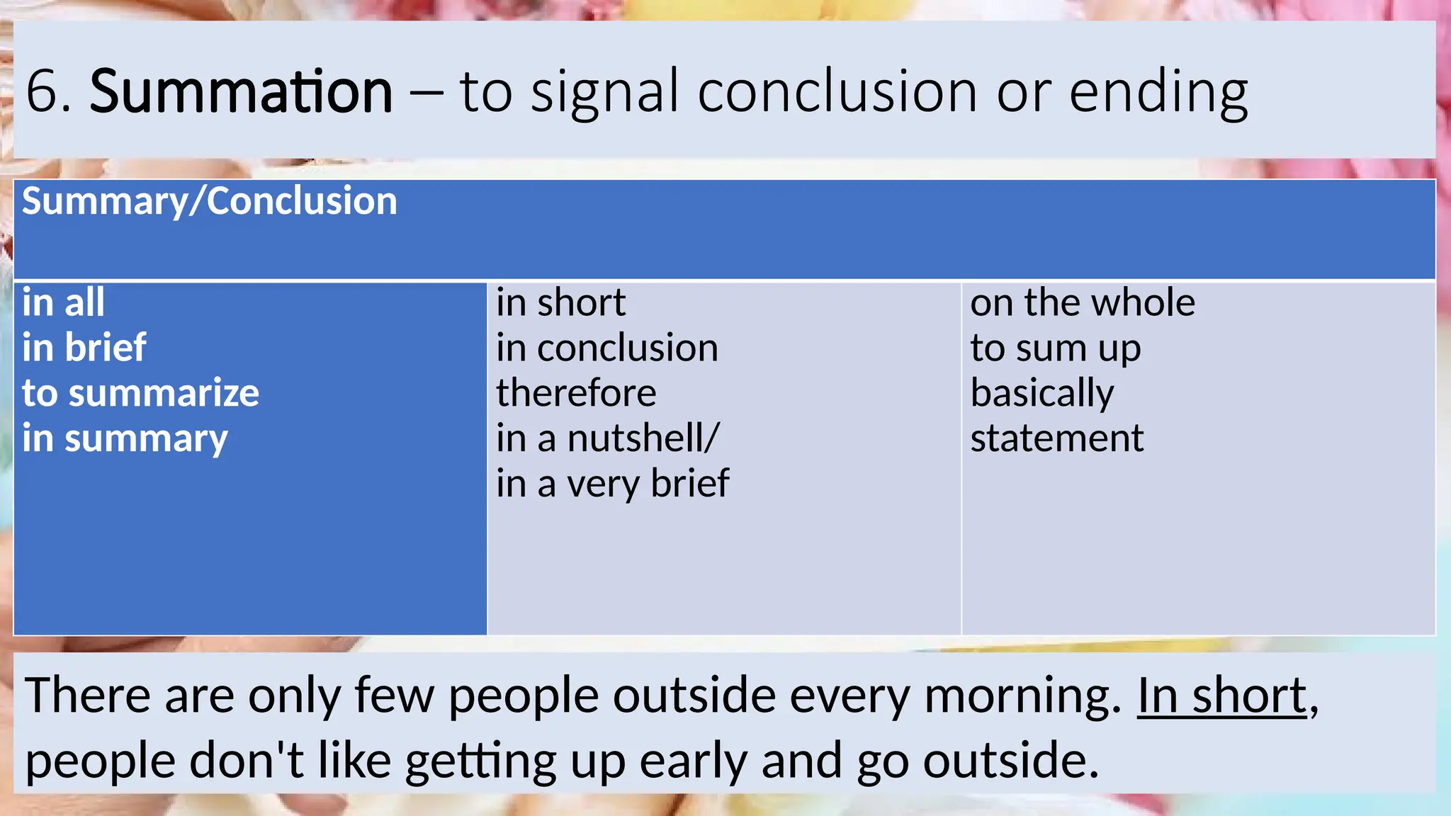 6. Summation – to signal conclusion or ending
Summary/Conclusion
in all
in brief
to summarize
in summary
in short
in conclusion
therefore
in a nutshell/
in a very brief
on the whole
to sum up
basically
statement
There are only few people outside every morning. In short,
people don't like getting up early and go outside.
 