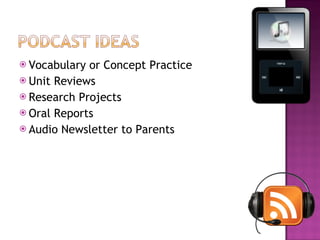Vocabulary or Concept Practice Unit Reviews Research Projects Oral Reports Audio Newsletter to Parents 