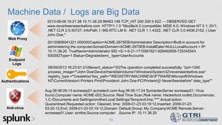Machine Data / Logs are Big Data
13
2013-08-09 16:21:38 10.11.36.29 98483 148 TCP_HIT 200 200 0 622 - - OBSERVED GET
www.neverbeenseenbefore.com HTTP/1.1 0 "Mozilla/4.0 (compatible; MSIE 6.0; Windows NT 5.1; SV1;
.NET CLR 2.0.50727; InfoPath.1; MS-RTC LM 8; .NET CLR 1.1.4322; .NET CLR 3.0.4506.2152; ) User
John Doe,"
08/09/2013 16:23:51.0128event_status="(0)The operation completed successfully. "pid=1300
process_image="John DoeDeviceHarddiskVolume1WindowsSystem32neverseenbefore.exe“
registry_type ="CreateKey"key_path="REGISTRYMACHINESOFTWAREMicrosoftWindows
NTCurrentVersion Printers PrintProviders John Doe-PCPrinters{} NeverSeenbefore" data_type""
Endpoint
Logs
Web Proxy
Aug 08 06:09:13 acmesep01.acmetech.com Aug 09 06:17:24 SymantecServer acmesep01: Virus
found,Computer name: ACME-002,Source: Real Time Scan,Risk name: Hackertool.rootkit,Occurrences:
1,C:/Documents and Settings/smithe/Local Settings/Temp/evil.tmp,"""",Actual action:
Quarantined,Requested action: Cleaned, time: 2009-01-23 03:19:12,Inserted: 2009-01-23
03:20:12,End: 2009-01-23 03:19:12,Domain: Default,Group: My CompanyACME Remote,Server:
acmesep01,User: smithe,Source computer: ,Source IP: 10.11.36.20
20130806041221.000000Caption=ACME-2975EBAdministrator Description=Built-in account for
administering the computer/domainDomain=ACME-2975EB InstallDate=NULLLocalAccount = IP:
10.11.36.20 TrueName=Administrator SID =S-1-5-21-1715567821-926492609-725345543
500SIDType=1 Status=Degradedwmi_ type=UserAccounts
Anti-virus
Authentications
 