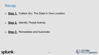 Recap
25
 Step 1: Collect ALL The Data in One Location
 Step 2: Identify Threat Activity
 Step 3: Remediate and Automate
 