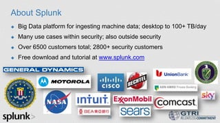 About Splunk
 Big Data platform for ingesting machine data; desktop to 100+ TB/day
 Many use cases within security; also outside security
 Over 6500 customers total; 2800+ security customers
 Free download and tutorial at www.splunk.com
26
 