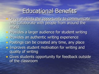 Educational Benefits Gives students the opportunity to communicate and collaborate with people from around the world Provides a larger audience for student writing Provides an authentic writing experience Postings can be created any time, any place Improves student motivation for writing and quality of writing Gives students opportunity for feedback outside of the classroom 
