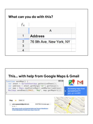 What can you do with this?
Accessing maps from
spreadsheets?!?
goo.gl/oAzBN9
This… with help from Google Maps & Gmail
func...