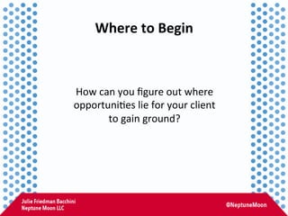 Where	
  to	
  Begin	
  
How	
  can	
  you	
  ﬁgure	
  out	
  where	
  
opportuni:es	
  lie	
  for	
  your	
  client	
  	
...