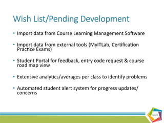 CBE4CC
Wish  List/Pending  Development
•  Import	
  data	
  from	
  Course	
  Learning	
  Management	
  Sojware	
  
	
  
•  Import	
  data	
  from	
  external	
  tools	
  (MyITLab,	
  Cer@ﬁca@on	
  
Prac@ce	
  Exams)	
  
	
  
•  Student	
  Portal	
  for	
  feedback,	
  entry	
  code	
  request	
  &	
  course	
  
road	
  map	
  view	
  
	
  
•  Extensive	
  analy@cs/averages	
  per	
  class	
  to	
  iden@fy	
  problems	
  
	
  
•  Automated	
  student	
  alert	
  system	
  for	
  progress	
  updates/
concerns	
  
	
  
	
  
	
  
 