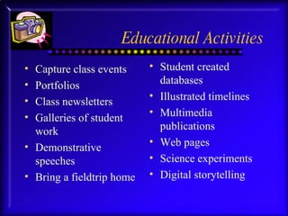 Educational Activities Capture class events Portfolios Class newsletters Galleries of student work Demonstrative speeches Bring a fieldtrip home Student created databases Illustrated timelines Multimedia publications Web pages Science experiments Digital storytelling 