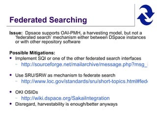 Federated Searching Issue:   Dpsace supports OAI-PMH, a harvesting model, but not a ‘federated search’ mechanism either between DSpace instances or with other repository software Possible Mitigations:   Implement SQI or one of the other federated search interfaces http://sourceforge.net/mailarchive/message.php?msg_id=11812130   Use SRU/SRW as mechanism to federate search http://www.loc.gov/standards/sru/short-topics.html#federated   OKI OSIDs http:// wiki.dspace.org/SakaiIntegration   Disregard, harvestability is enough/better anyways 