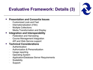Presentation and Consortia Issues Customized Look and Feel Internationalization (I18n) Multiple Collections Media Transformation and Display Integration and Interoperability Federation and Harvesting Course Management Integration API and Web Service support Technical Considerations Authentication Authorization & Personalization Usage reporting  Operating System Application/Database Server Requirements Scalability Support Evaluative Framework: Details (3) 