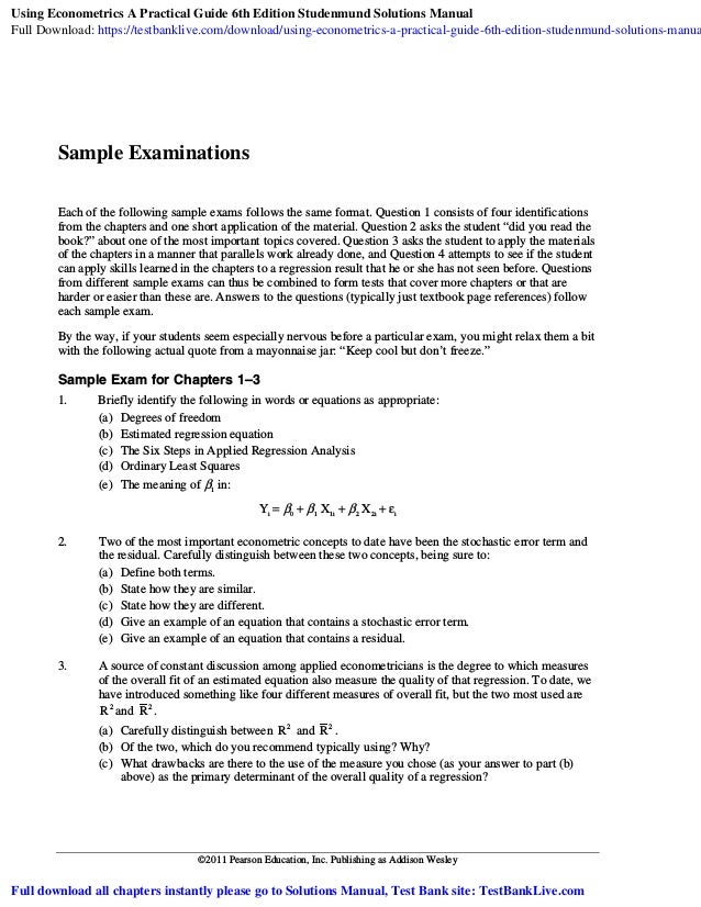 Using Econometrics A Practical Guide 6th Edition Studenmund Solutions