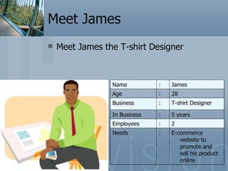 Meet James Meet James the T-shirt Designer E-commerce website to promote and sell his product online : Needs 2 : Employees 5 years : In Business T-shirt Designer : Business 28  : Age James  : Name 
