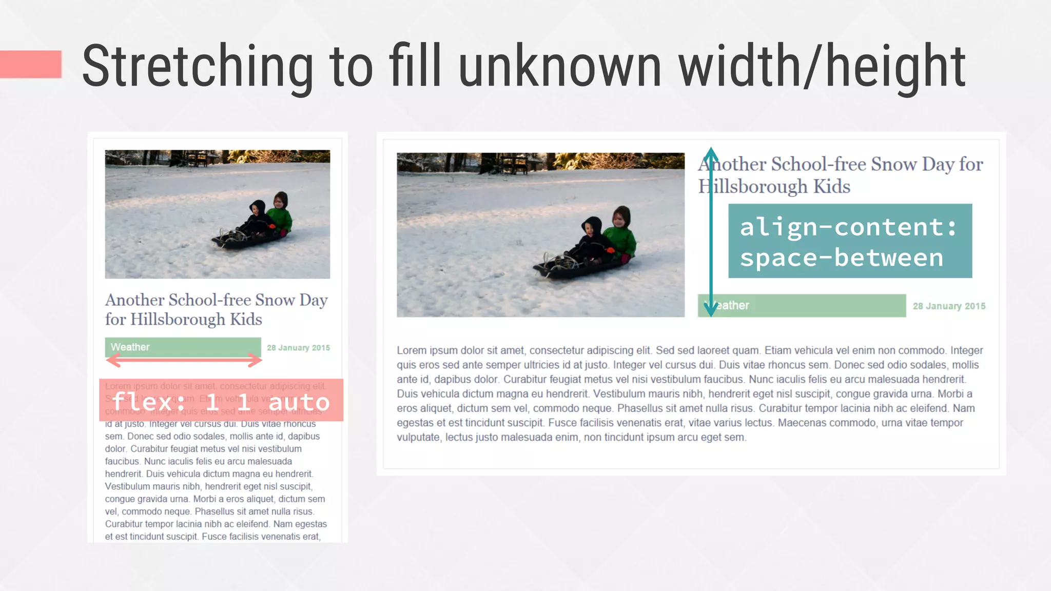 Stretching to ﬁll unknown width/height
flex: 1 1 auto
align-content:
space-between
 
