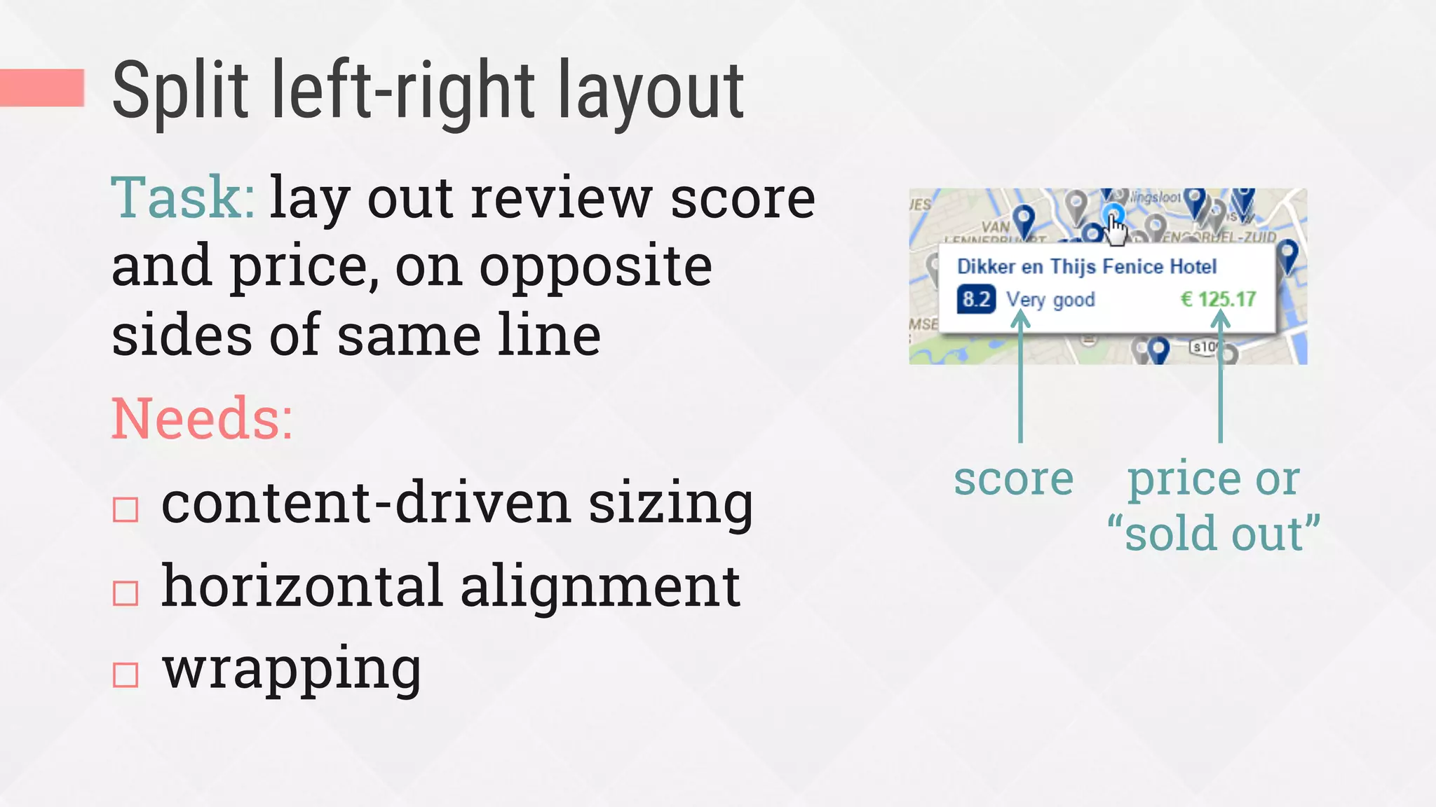 Split left-right layout
Task: lay out review score
and price, on opposite
sides of same line
Needs:
¨  content-driven sizing
¨  horizontal alignment
¨  wrapping
score price or
“sold out”
 