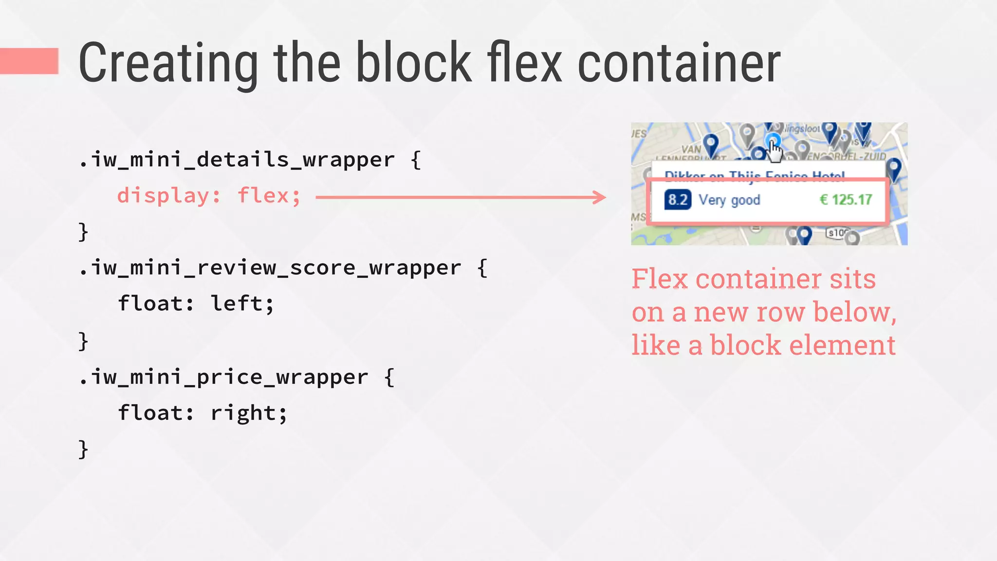 Creating the block ﬂex container
.iw_mini_details_wrapper {
display: flex;
}
.iw_mini_review_score_wrapper {
float: left;
}
.iw_mini_price_wrapper {
float: right;
}
Flex container sits
on a new row below,
like a block element
 