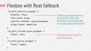 Flexbox with ﬂoat fallback
.iw_mini_details_wrapper {
display: flex;
flex-wrap: wrap;
justify-content: space-between;
align-items: baseline;
}
.iw_mini_review_score_wrapper {
float: left;
}
.iw_mini_price_wrapper {
float: right;
}
Flexbox properties on
container override
ﬂoating automatically
in supporting browsers
Floating gets used by
old browsers
 