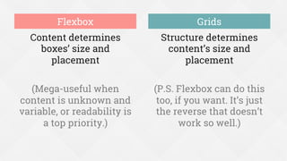 Content determines
boxes’ size and
placement
(Mega-useful when
content is unknown and
variable, or readability is
a top priority.)
Structure determines
content’s size and
placement
(P.S. Flexbox can do this
too, if you want. It’s just
the reverse that doesn’t
work so well.)
Flexbox Grids
 