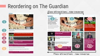 Reordering on The Guardian
12 3
4 56
flex-direction: row-reverse
flex-direction: row-reverse
1
2
3
4
5
6
 