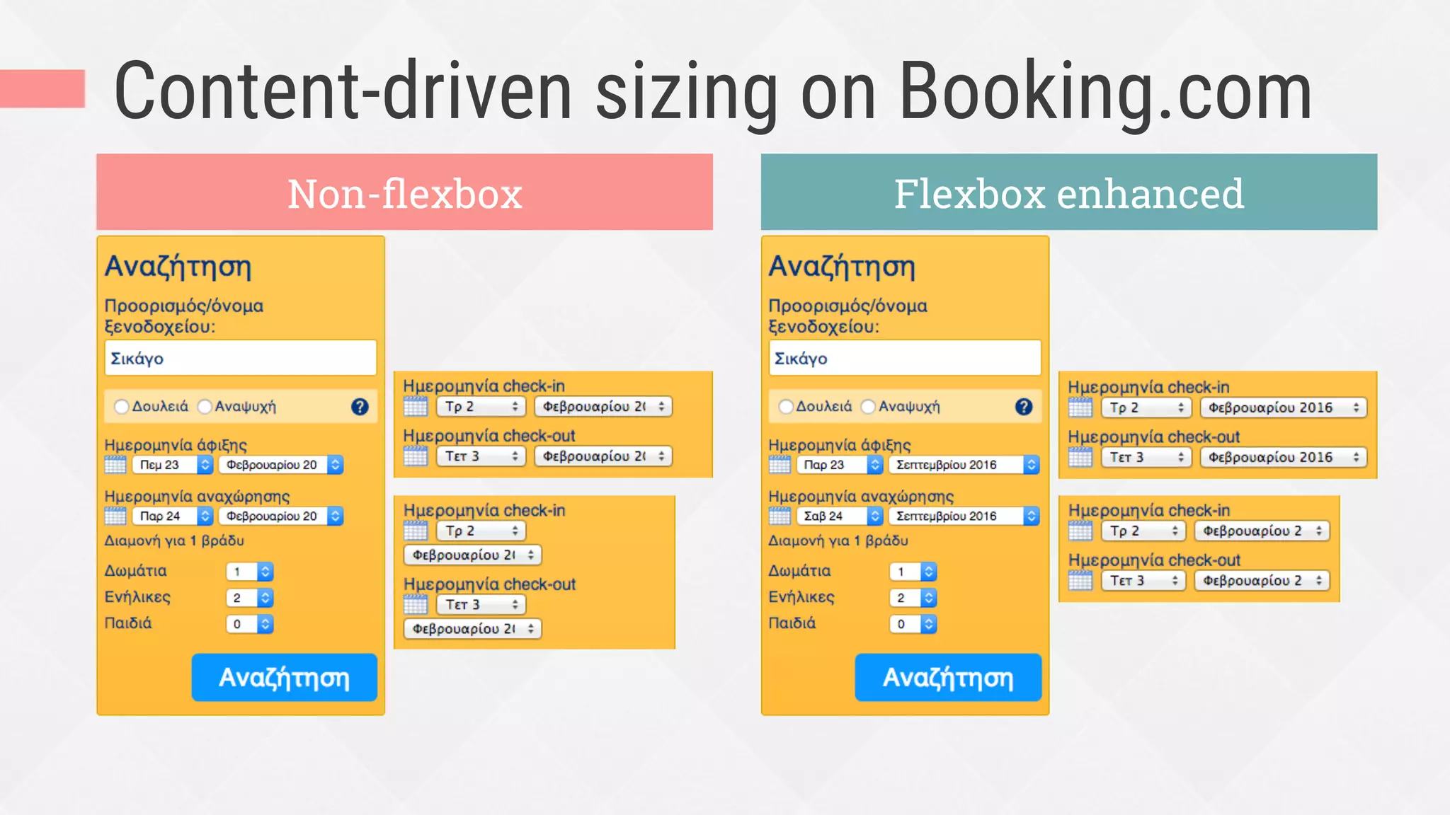 Content-driven sizing on Booking.com
.sb-dates {
display: flex;
}
.sb-dates__icon {
flex: 0 0 23px;
}
.sb-dates__select-day {
flex: 1 0 auto;
margin: 0 6px;
}
.sb-dates__select-month {
flex: 1 1 auto;
}
ﬂex container
main axis
ﬂex items
 
