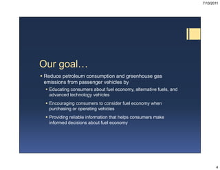 7/13/2011




Our goal…
 Reduce petroleum consumption and greenhouse gas
  emissions from passenger vehicles by
   Educa...