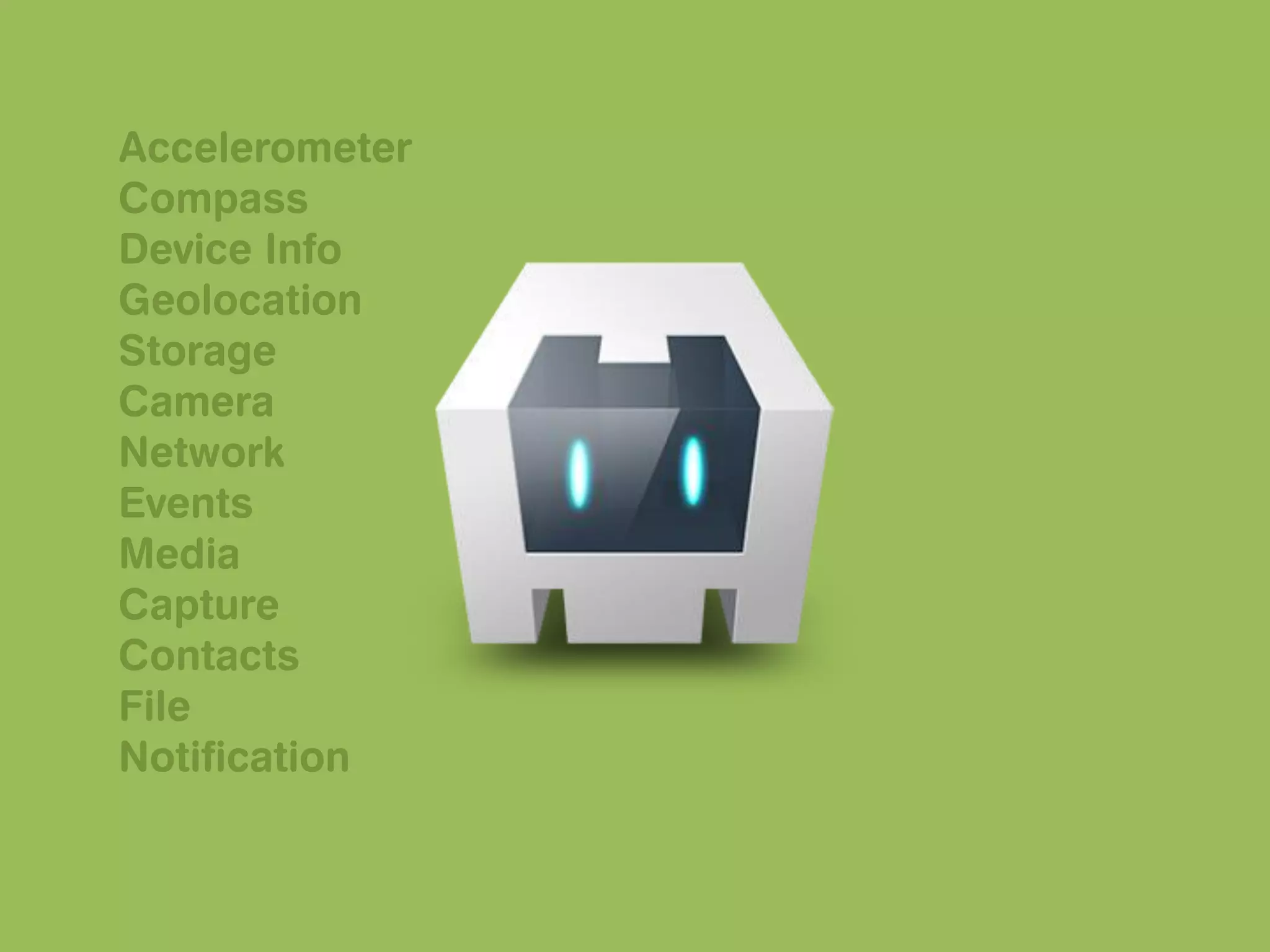 Accelerometer
Compass
Device Info
Geolocation
Storage
Camera
Network
Events
Media
Capture
Contacts
File
Notification
 