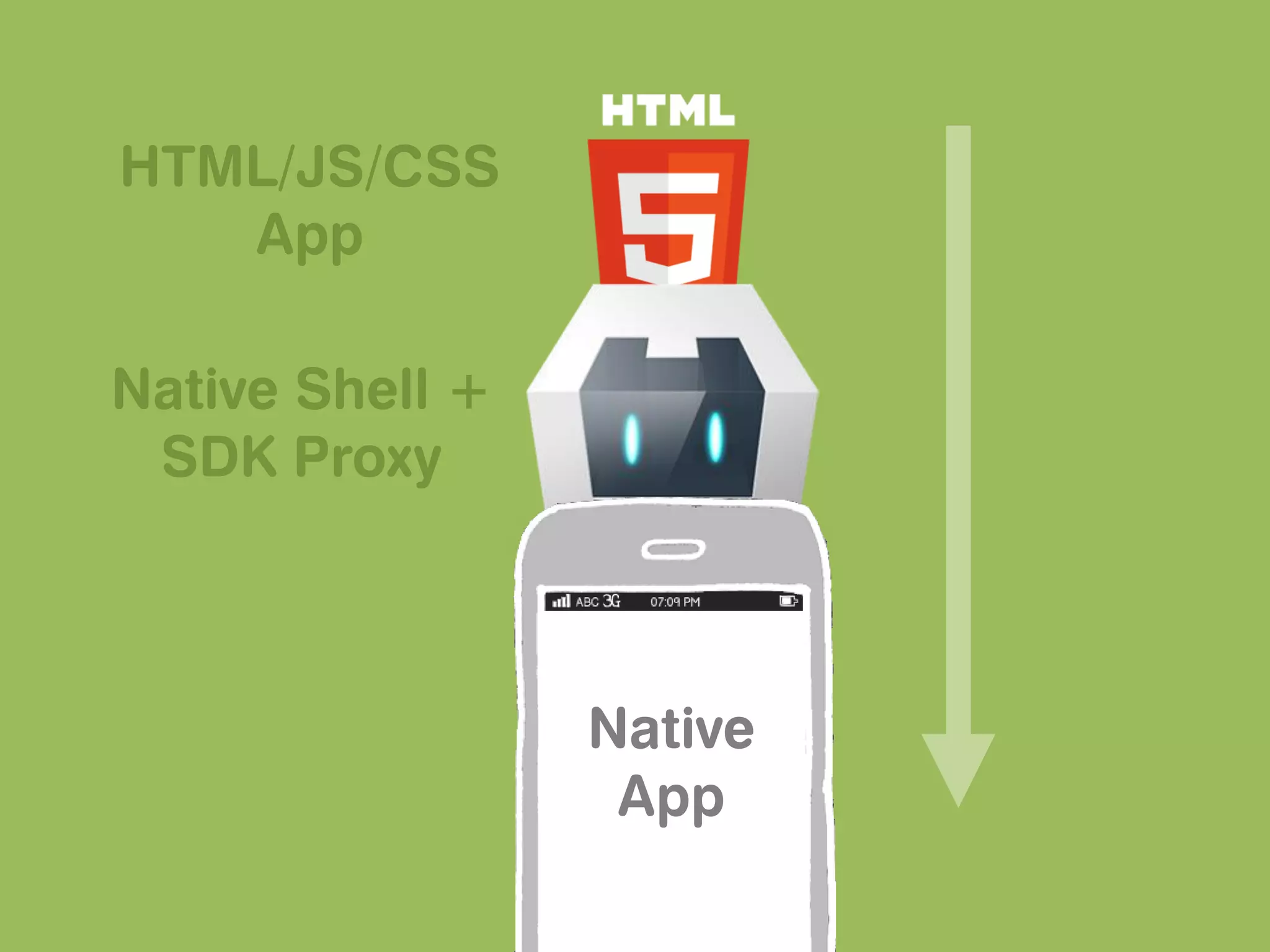 HTML/JS/CSS
   App

Native Shell +
 SDK Proxy



                 Native
                  App
 