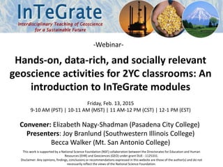 -Webinar-
Hands-on, data-rich, and socially relevant
geoscience activities for 2YC classrooms: An
introduction to InTeGrate modules
Friday, Feb. 13, 2015
9-10 AM (PST) | 10-11 AM (MST) | 11 AM-12 PM (CST) | 12-1 PM (EST)
Convener: Elizabeth Nagy-Shadman (Pasadena City College)
Presenters: Joy Branlund (Southwestern Illinois College)
Becca Walker (Mt. San Antonio College)
This work is supported by a National Science Foundation (NSF) collaboration between the Directorates for Education and Human
Resources (EHR) and Geociences (GEO) under grant DUE - 1125331.
Disclaimer: Any opinions, findings, conclusions or recommendations expressed in this website are those of the author(s) and do not
necessarily reflect the views of the National Science Foundation.
 