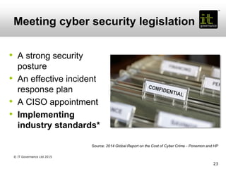 Meeting cyber security legislation
• A strong security
posture
• An effective incident
response plan
• A CISO appointment
...