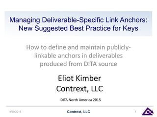 Managing Deliverable-Specific Link Anchors:
New Suggested Best Practice for Keys
How to define and maintain publicly-
linkable anchors in deliverables
produced from DITA source
4/29/2015 Contrext, LLC 1
Eliot Kimber
Contrext, LLC
DITA North America 2015
 