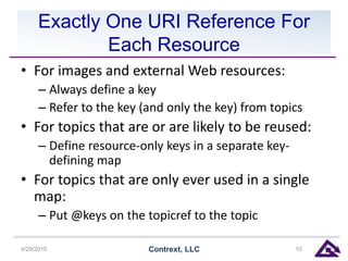 Exactly One URI Reference For
Each Resource
• For images and external Web resources:
– Always define a key
– Refer to the key (and only the key) from topics
• For topics that are or are likely to be reused:
– Define resource-only keys in a separate key-
defining map
• For topics that are only ever used in a single
map:
– Put @keys on the topicref to the topic
4/29/2015 Contrext, LLC 10
 