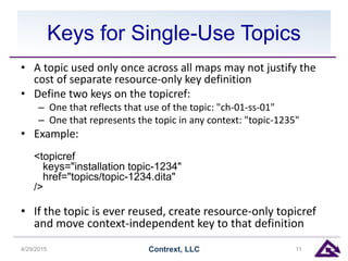 Keys for Single-Use Topics
• A topic used only once across all maps may not justify the
cost of separate resource-only key definition
• Define two keys on the topicref:
– One that reflects that use of the topic: "ch-01-ss-01"
– One that represents the topic in any context: "topic-1235"
• Example:
<topicref
keys="installation topic-1234"
href="topics/topic-1234.dita"
/>
• If the topic is ever reused, create resource-only topicref
and move context-independent key to that definition
4/29/2015 Contrext, LLC 11
 