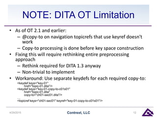 NOTE: DITA OT Limitation
• As of OT 2.1 and earlier:
– @copy-to on navigation topicrefs that use keyref doesn't
work
– Copy-to processing is done before key space construction
• Fixing this will require rethinking entire preprocessing
approach
– Rethink required for DITA 1.3 anyway
– Non-trivial to implement
• Workaround: Use separate keydefs for each required copy-to:
<keydef keys="key-01"
href="topic-01.dita"/>
<keydef keys="key-01-copy-to-c01s01"
href="topic-01.dita"
copy-to="ch01-sec01.dita"/>
…
<topicref keys="ch01-sec01" keyref="key-01-copy-to-c01s01"/>
4/29/2015 Contrext, LLC 12
 